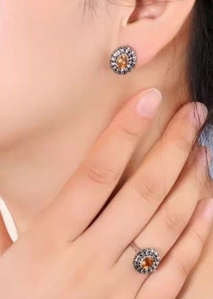 Сребърен комплект с естествен черен шпинел и цитрин