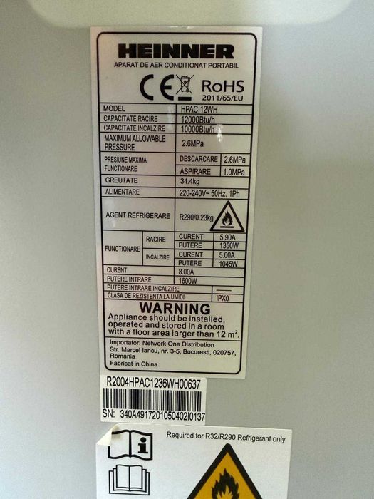 Aparat de aer conditionat portabil Heinner HPAC-12WH, 11600 BTU, Inverter, Clasa A + husa pentru usa cadou