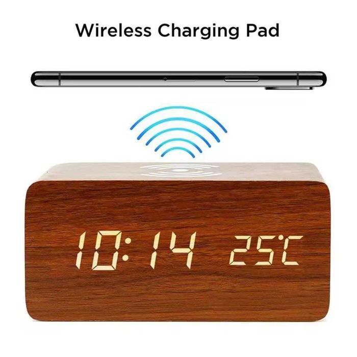 Încărcător Wireless 10W cu Ceas Digital Wyred by Monga Natur AC - Lemn