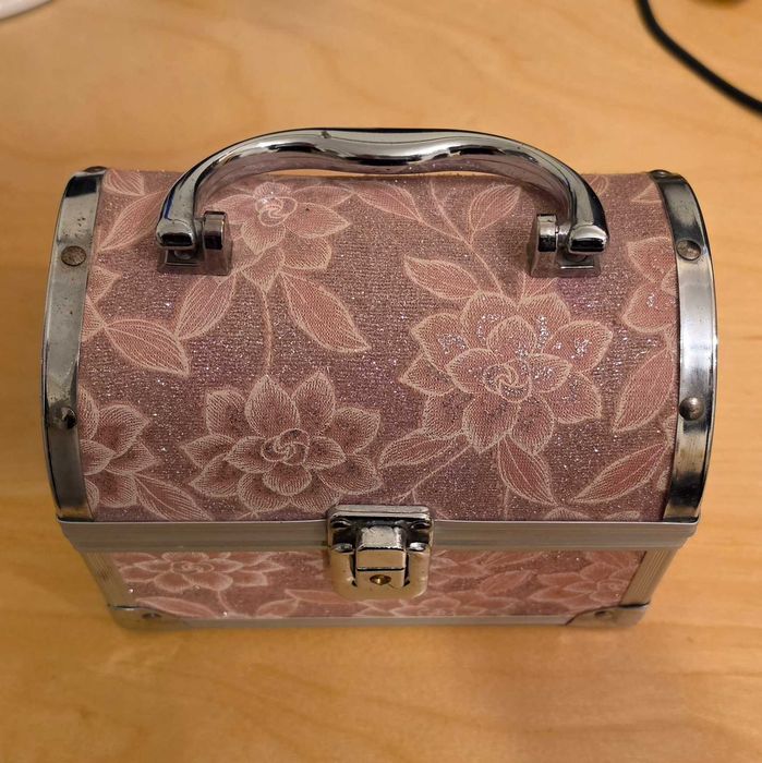 Cutie bijuterii cosmetice beauty case valiza machiaj roz floral organizator depozitare maner metalic tava detasabila geanta vanity cadou