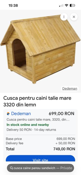 Cusca lemn caine talie mare cu acoperis de sindrila bituminoasa