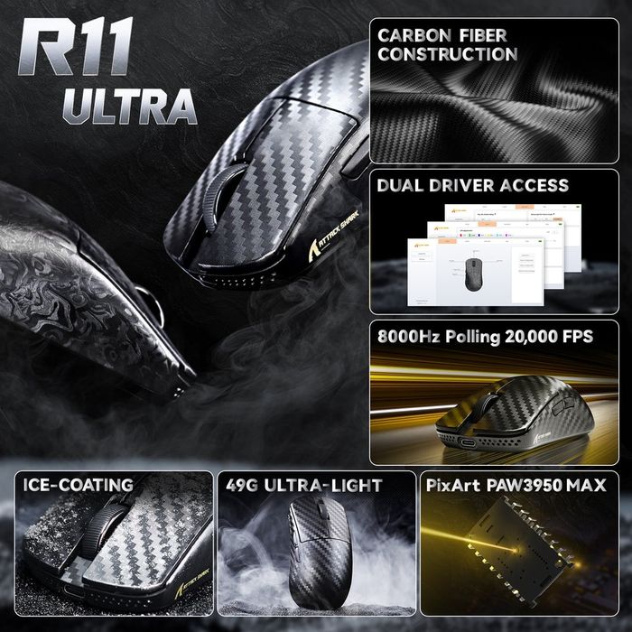NEW Mouse Attack shark R11 ULTRA PAW3950 8K dpi 42000