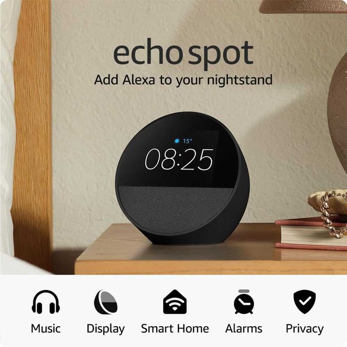 Echo Spot 2024-Smart тонколонка с дисплей и Alexa+ черен цвят/текстура