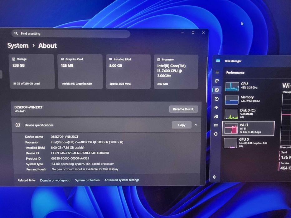 PC unitate calculator i5 7400 3.0ghz, 8gb ddr4, ssd nvme 250gb, wifi 6 pci-e card