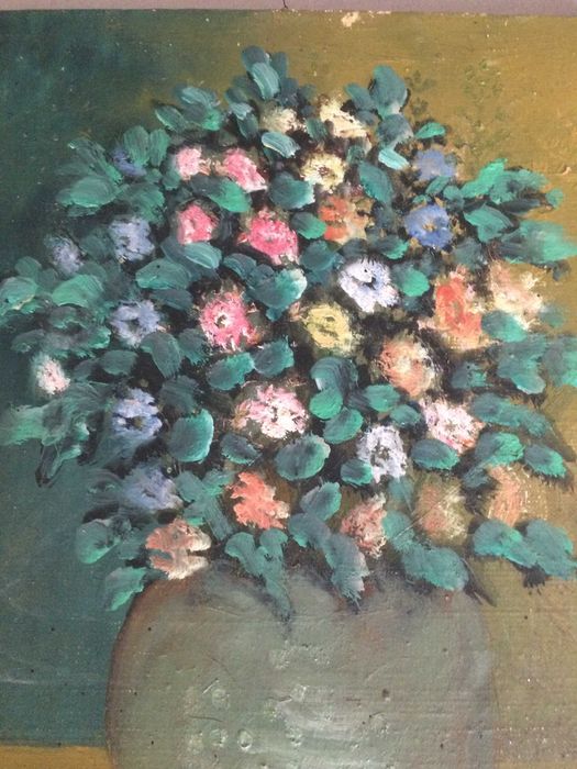 Pictura an ulei pe panza semnat vechi bibelouri bibelou