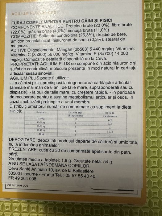 AGILIUM Plus, supliment sistem articular caini si pisici, cutie, 30 comprimate