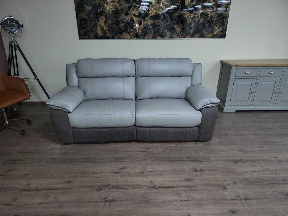 Сив диван тройка от кожа и плат с ръчен релакс механизъм