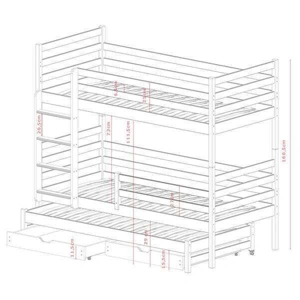 Pat NOU cu etaj, pentru 3 copii, lemn masiv 200x90 cm