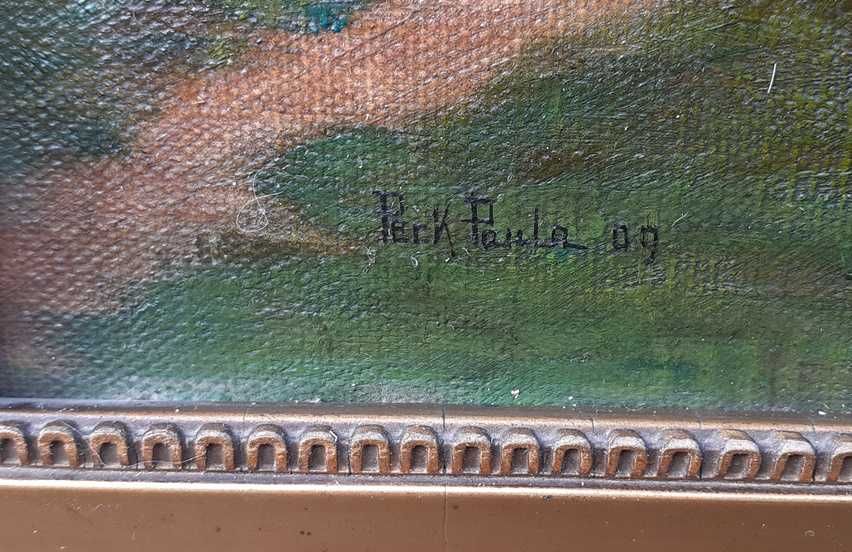 Tablou vechi 1909 - peisaj cu case -  semnat