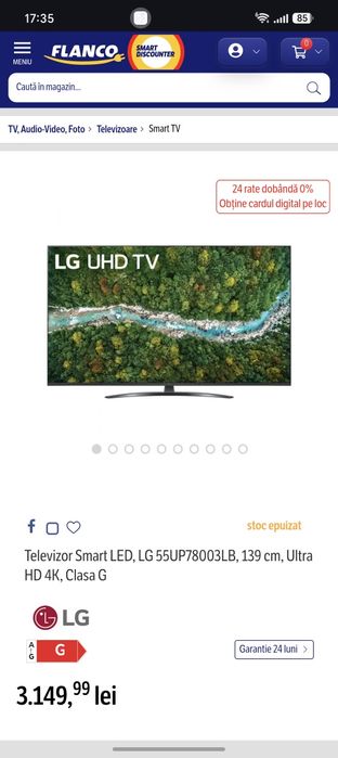 Televizor Smart TV LG 4K (139 cm) - Impecabil + Suport perete CADOU