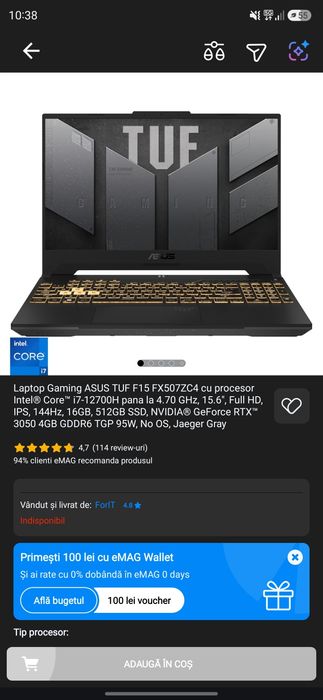 Dezmembrez ASUS TUF Gaming F15 FX507ZC4 – i7-12700H, RTX 3050, 144Hz