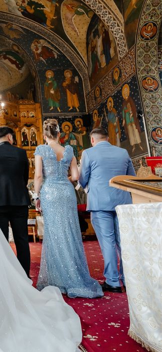 Rochie albastra tip bijuterie de nasa/ de ocazie cu corset si margele
