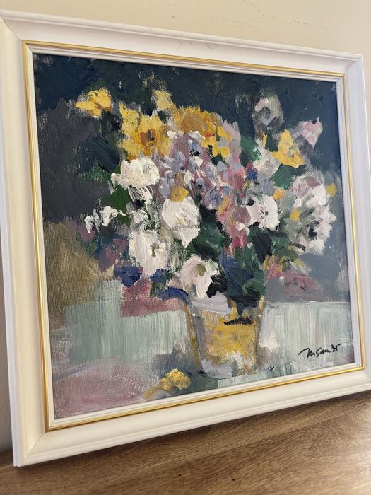 Tablou pictat manual – Buchet de flori – acril pe pânză pe șasiu de lemn, înrămat – 35 × 35 cm