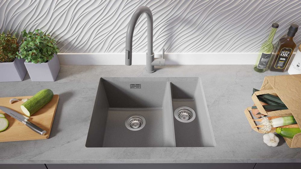 Гранитна Мивка за Вграждане под Плот Лондон 60 Duo 550 x 450  сива