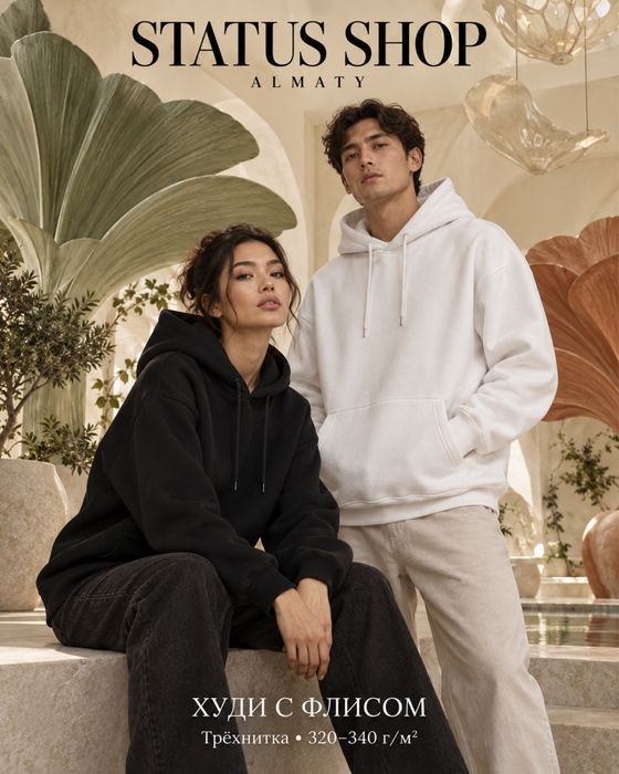 Худи с флисом Status Shop — белые и чёрные, 320–340 г/м² под мерч