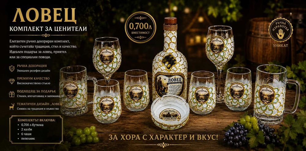Луксозен ръчно декориран комплект „ЛОВЕЦ“ – бутилка,халби,чаши,пепелник
