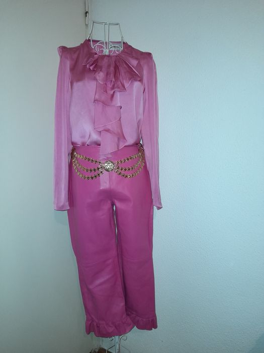 Pantaloni roz Barbie din piele naturala