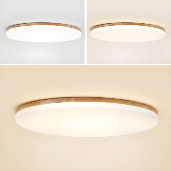 Дървен плафон 80 см LED таванна лампа с трицветно димиране, кръгла