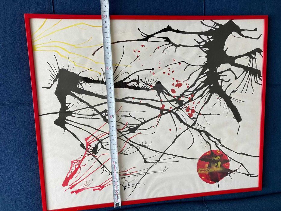 Tablou modern pictat manual Franta anii 70 rama expoztionala rosie