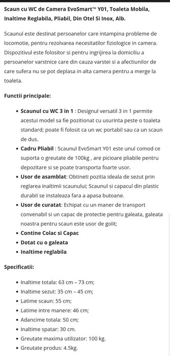 Scaun cu WC de Camera EvoSmart™ Y01, Toaleta Mobila, Inaltime Reglabila, Latime 55cm, Pliabil, Din Otel Si Inox, Alb