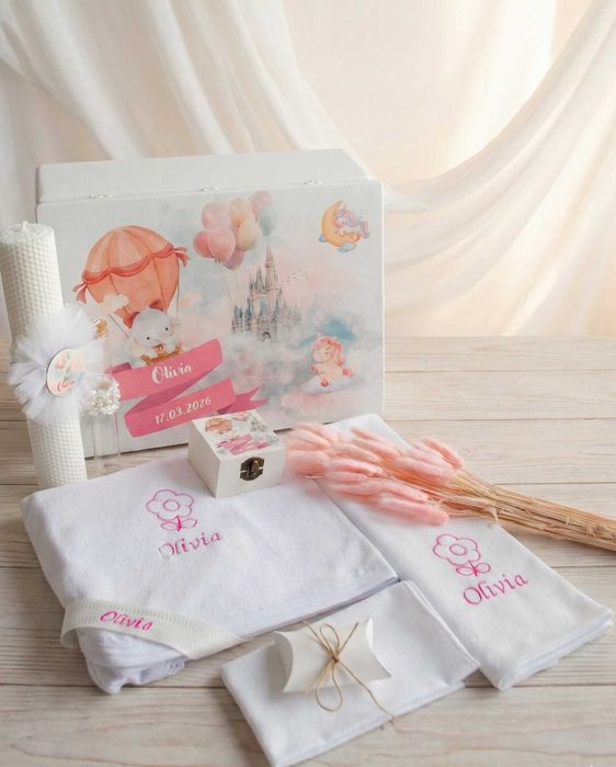 Trusou botez fetiță personalizat - set complet cu cutie din lemn Lovia