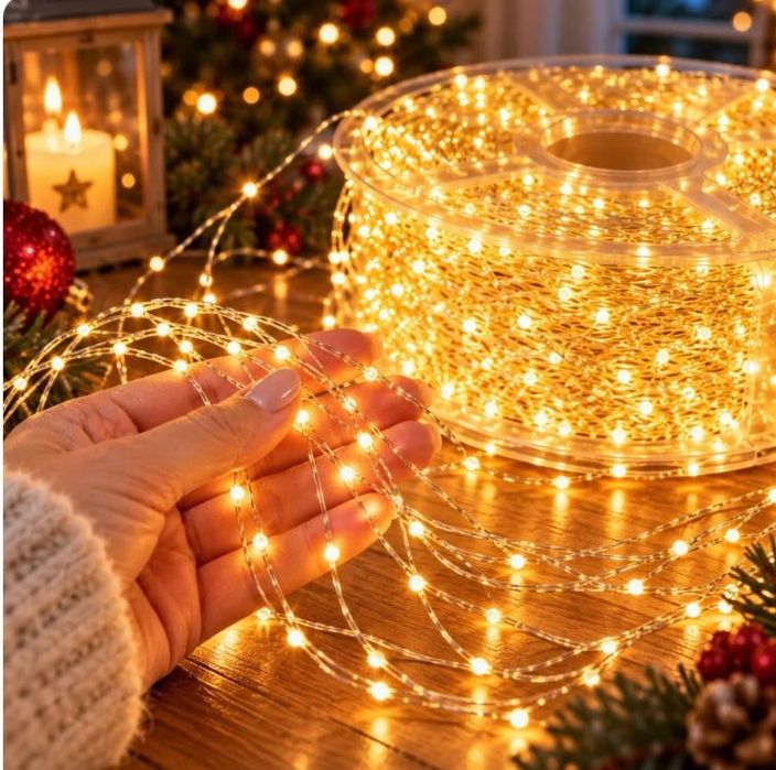 Коледни LED лампички на макара – 100 метра, 2500 LED, топла бяла светлина, 8 режима с дистанционно