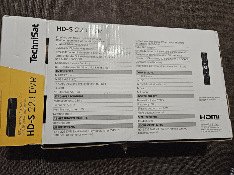 Receptor Satelit HD TechniSat HD-S 223 DVR – Nou la cutie (Media Player, USB, HDMI)