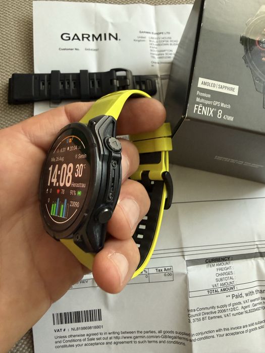 Garmin Fenix 8 AMOLED Titanium Sapphire 47mm - Factura si Garantie + Curea NOUĂ galben neon