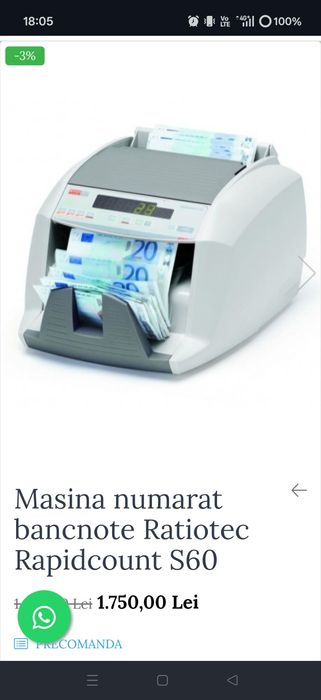 Masina numarat bancnote Ratiotec Rapidcount S60