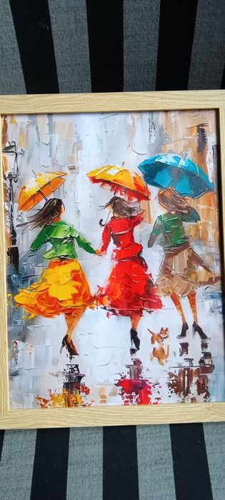 Ярки момичета с чадъри в дъждовен ден, 30 см.x 40 см Вертикална стенна