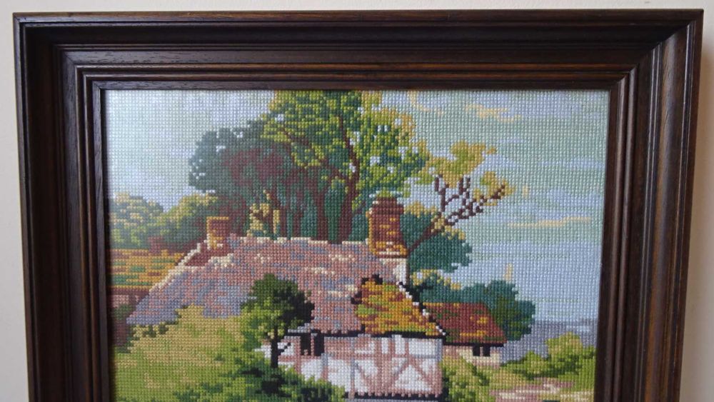 Гоблен, голям „Край реката “, едър бод кръстче, дебел памучен конец.