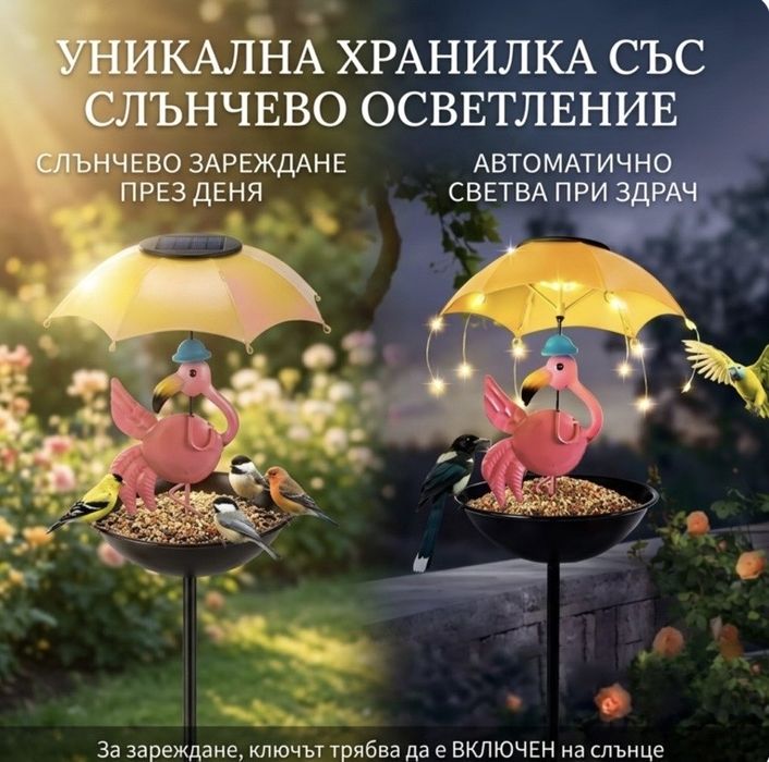 Градинска соларна лампа-хранилка за птици с фламинго и автоматично LED осветление