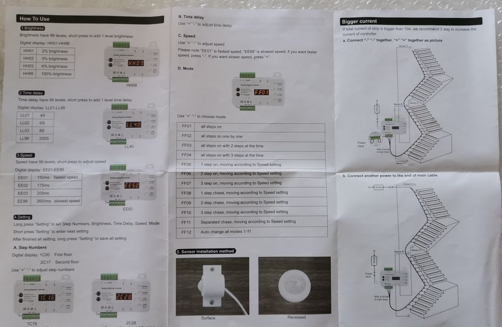 LED стълбищно осветление контролер+траф+PIR датчици+16×COB ленти