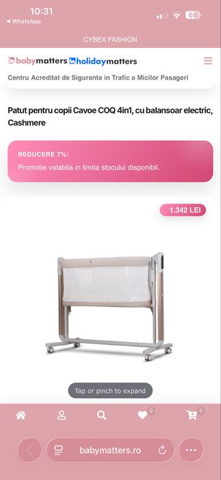 Vând co-sleeper/ pătuț/ leagăn CAVOE COQ 4 în 1 – Cashmere