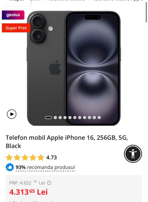 Apple iPhone 16, 256GB, 5G, Black. Sigilat, garantie Istyle