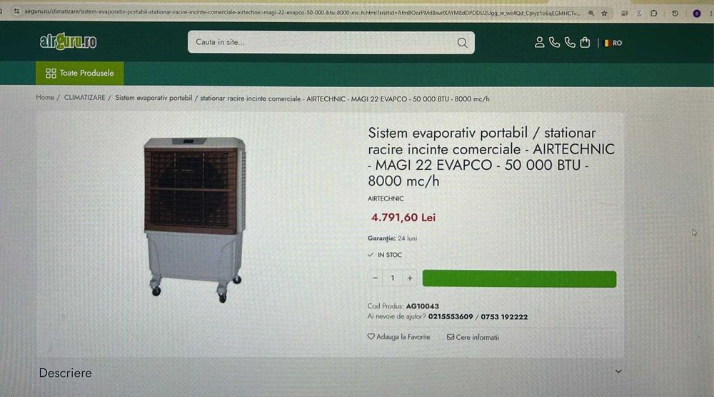 Racitor de aer profesional evaporativ portabil AIRTECHNIC MAGI 22 EVAPCO 50.000 BTU