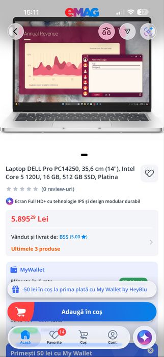 Laptop Dell Pro PC14250 Core 5 120U 16GB 512GB SSD 0 Cicluri Nou