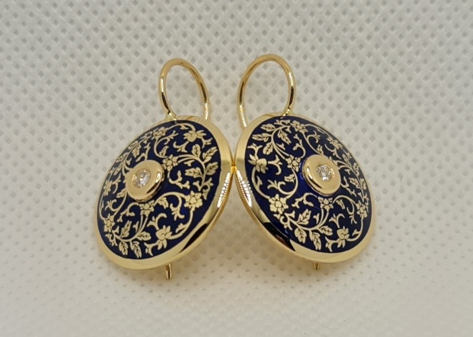 Cercei aur 14k email albastru regal și diamante naturale