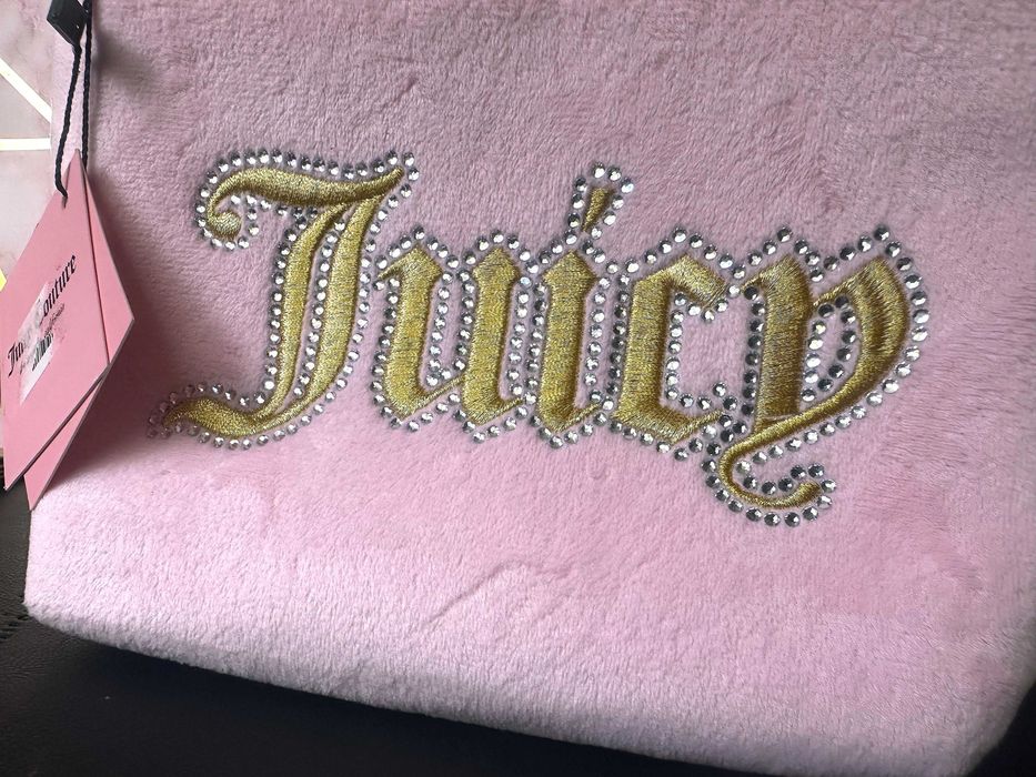 JUICY COUTURE Розова Златна Бродерия и Кристали Велурена Козметична Чанта/Несесер Средна НОВА с Етикет