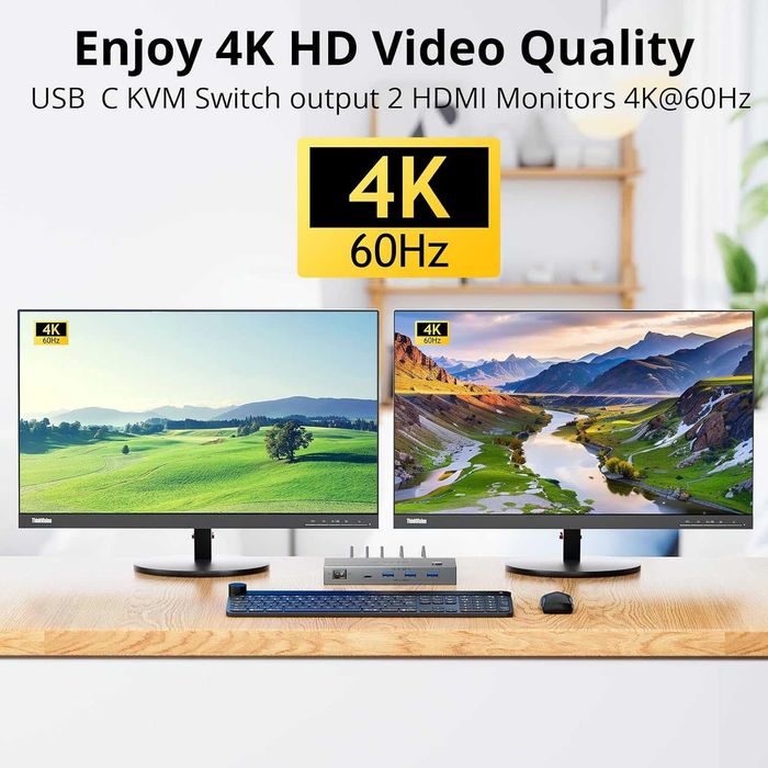 KVM Switch 2 Monitoare 2 Laptopuri USB C YOUTINGHDAV 4K 60Hz 80W PD Charging MST Docking Station HDMI USB 3.0 5Gbps Hub Telecomanda Macbook Windows