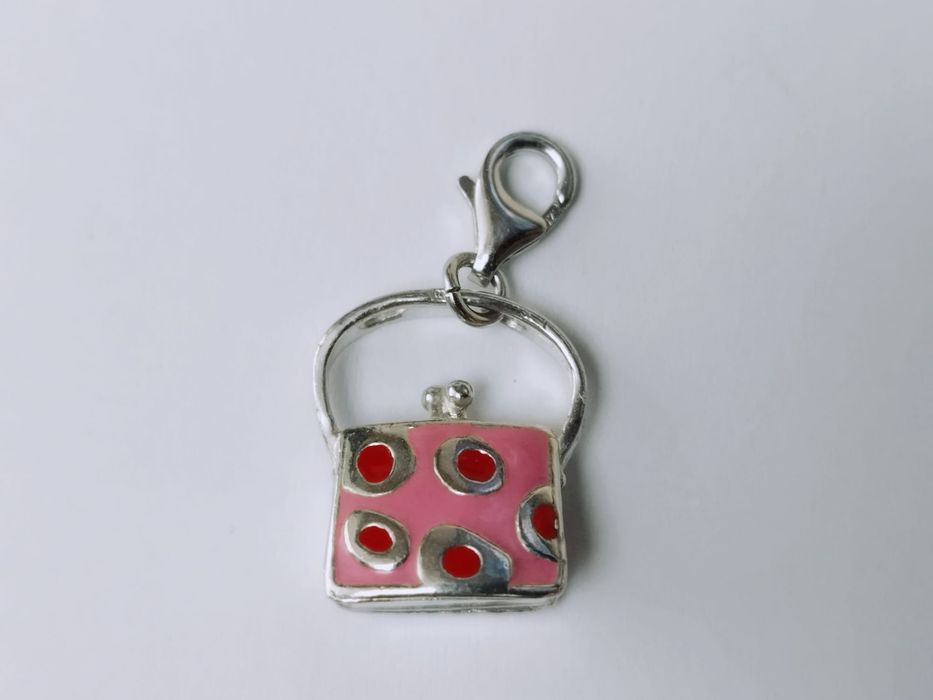 Vechi pandantiv charm din argint de 925 in forma de geanta, roz cu buline rosii