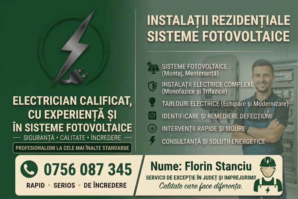 Electrician calificat, cu experienta si in sisteme fotovoltaice!