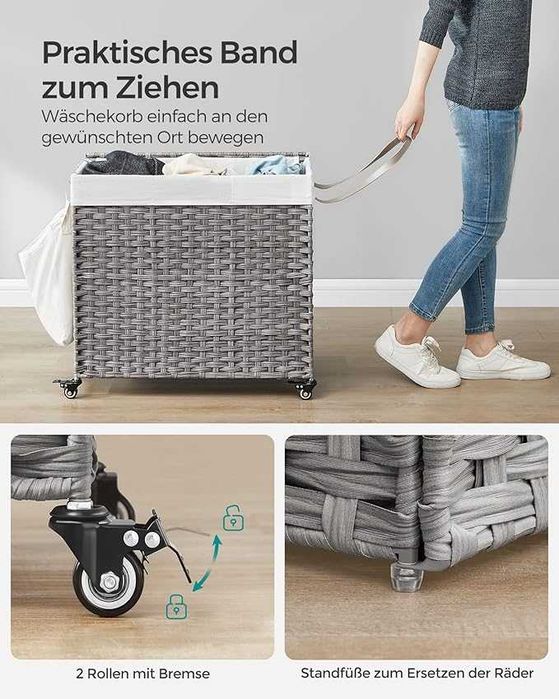 SONGMICS Кош за пране с капак, 160 л, кош за пране, 3 отделения