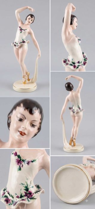 Pereche Statuete Balerine Art Déco – Portelan Vintage Pictat Manual, Marcaj 725 KK