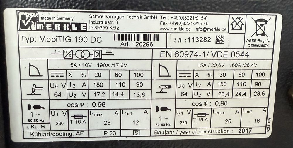 Aparat de sudura Tig DC / MMA Merkle Mobitig 190DC  / 160a / 220v