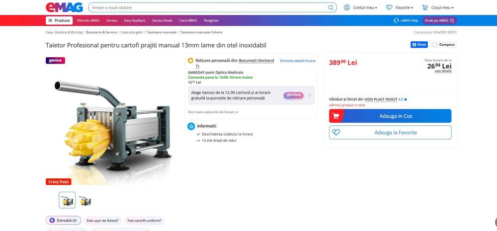 REDUS de la 390 RON, Taietor Profesional de cartofi pai si legume, 3 lame dimensiuni 6 , 9 si 12 mm, constructie solida inox