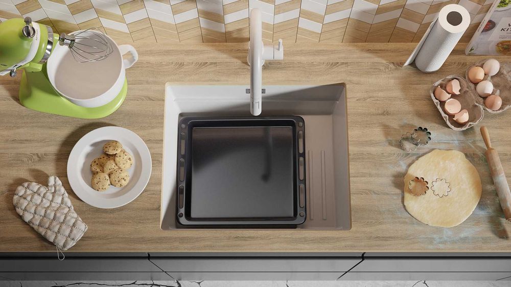 Бял гранитна мивка за вграждане под плот Прага 60 Level 560 x 470 мм