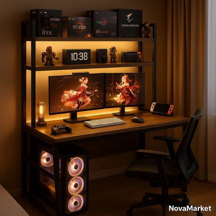 Компьютерный стол 100×50×147 см с подсветкой, чёрный каркас + дерево