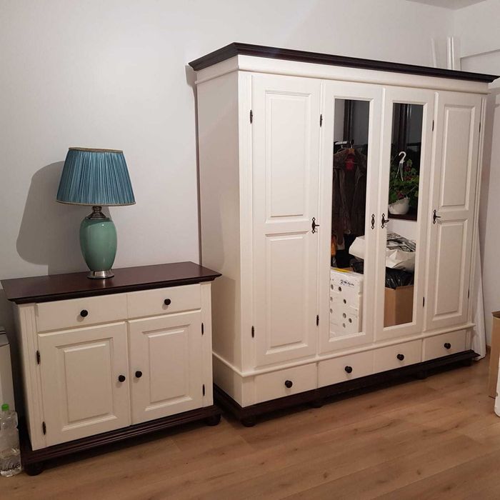 Dulap lemn masiv cu oglinda Seby, 4 usi + 3 sertare, alb