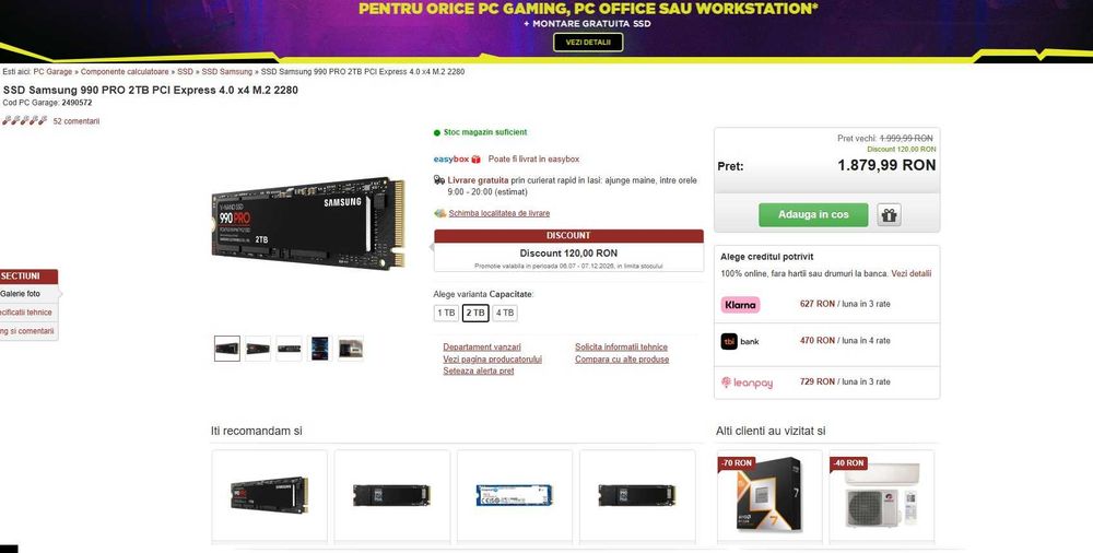 SSD Samsung 990 PRO 2TB PCI Express 4.0 x4 M.2 2280 , nou , original , 7450 MB/s